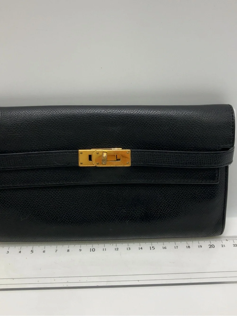 Hermes Black Leather Kelly Cut Clutch with Gold Hardware